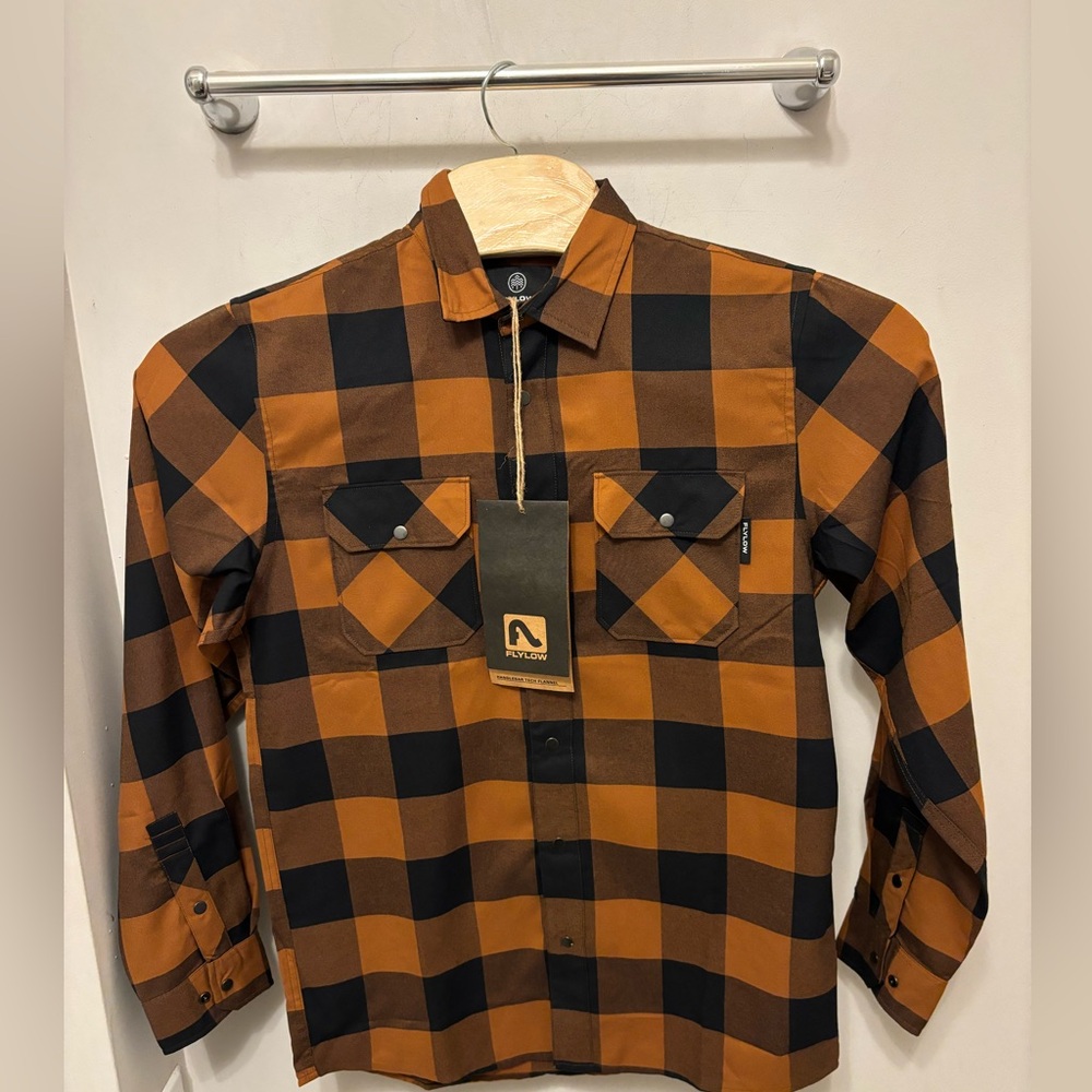 NWT Flylow Men's Handlebar Tech Flannel Copper Black Plaid Shirt Size M